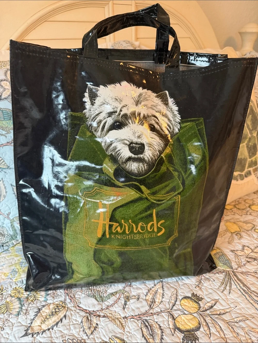 Harrods Vintage 90’s Black Tote with Westie in Green Tote